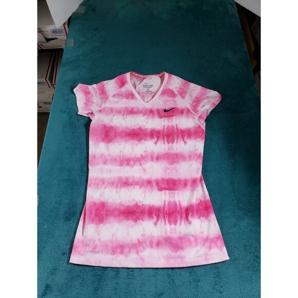 Nike Dri Fit Top Women’s Size Small Pink Tie Dye Fitted Pro Combat Ladies Logo - Picture 1 of 9